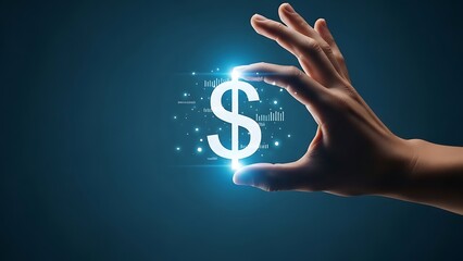 Hand holding a glowing dollar sign with digital particles against a dark background.