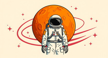 Illustration of an astronaut in a spacesuit standing in front of a large orange planet with a ring, symbolizing space exploration and discovery