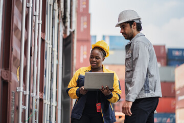 Man and woman logistics workers in high visibility safety gear discuss operations and checking container at shipping container yard	