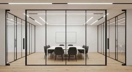 Modern corporate office meeting room with glass walls and conference table