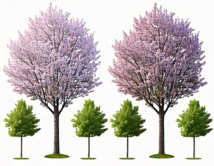 Set of Prunus persica and Prunus avium blossoming frontal street trees isolated 9