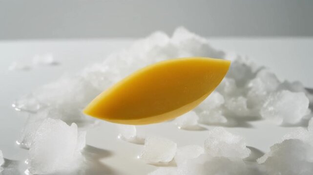 Artistic studio shot of a vibrant yellow slice of fresh mango boba fruit placed on a bed of white, crushed ice or snow, creating a stark, cool, and clean visual contrast.
