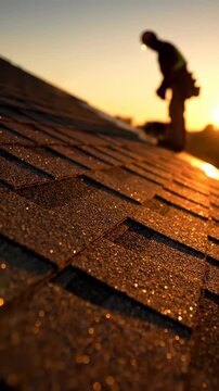 Roofer works on sloped roof during sunset. Construction professional installs shingles in golden hour light. Vertical shot captures expert craftsmanship and safety.