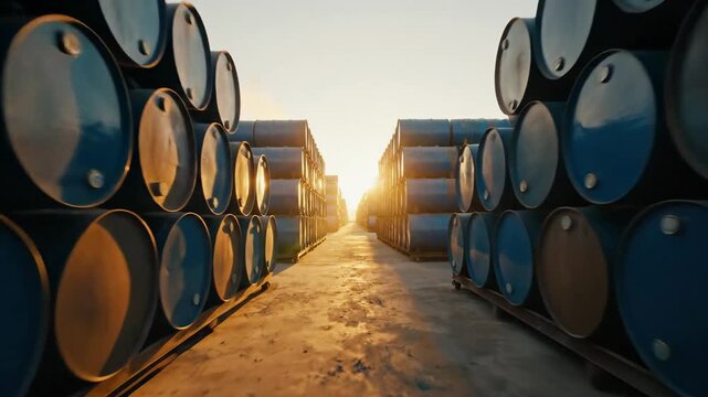 Sunset beams through rows of stacked barrels in an industrial area.
