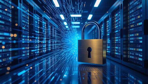 Digital data processing with cybersecurity protection in a server room - Powered by Adobe
