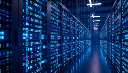 Binary code flows over computer network illustrating technology concept