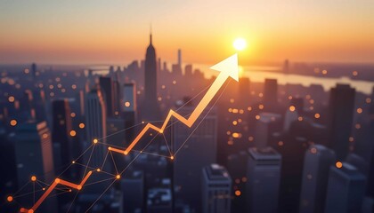 Business growth and success are visualized by a forward-moving upward arrow over a modern cityscape, symbolizing future development and a global network connection