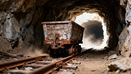 Rusty mining cart on old tracks in a dark, rocky tunnel with light at the exit for historical discovery concept and arduous journey
