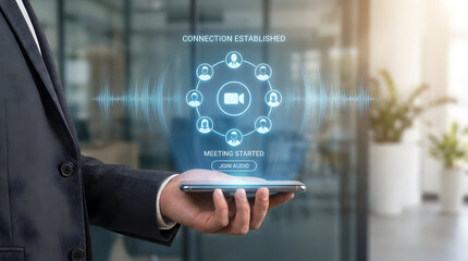 Businessman establishing secure video conference connection with team via digital interface.
