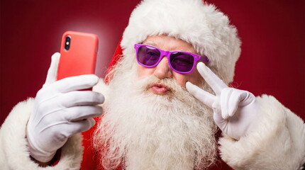 Cool Santa Claus Takes a Selfie with Sunglasses and Peace Sign