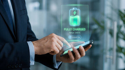 Car owner checking fully charged battery status of electric vehicle on smartphone.