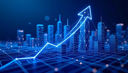 Corporate arrow rising over city skyline symbolizes business growth