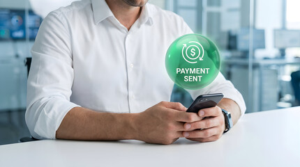 Professional completing mobile payment transaction with glowing green success orb.