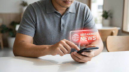 Man staying informed with breaking news alert and globe hologram on mobile device.