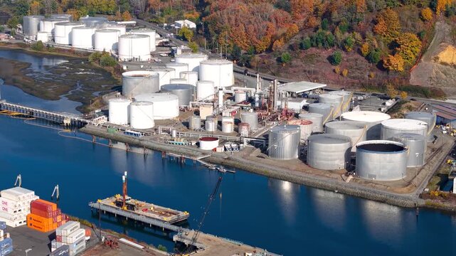 Aerial top down view of Port of Tacoma ,oil and gas storage tanks in Washington state.