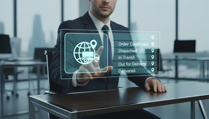 Supply chain manager verifying order confirmation and delivery status on digital screen.