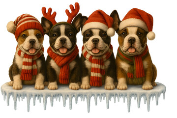 Cute Christmas Dog Breeds Collection &ndash; Holiday Puppy Set in Festive Winter Outfits,  Transparent background, Boston Terrier