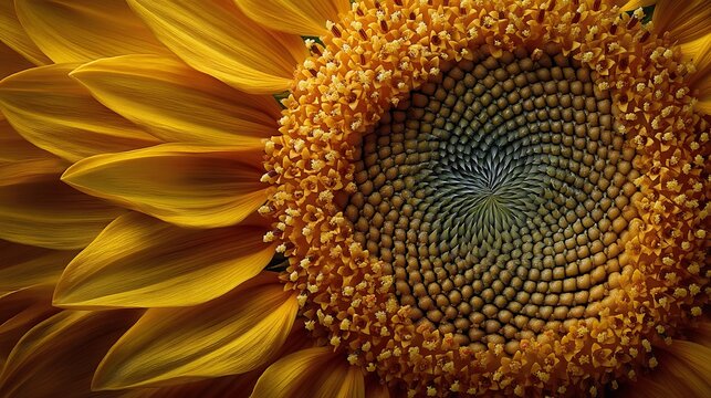 Stunning close-up of a spiral designed sunflower center showcasing nature's fibonacci pattern