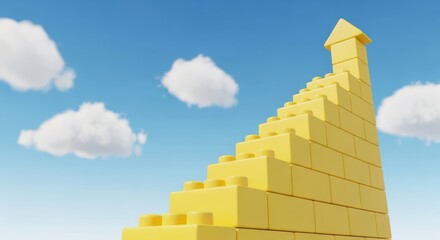 A staircase made of yellow building blocks ascends towards a bright blue sky with fluffy white clouds