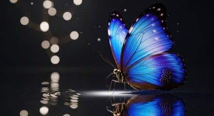 A stunning blue morpho butterfly with iridescent wings rests on a reflective surface, illuminated by soft bokeh lights