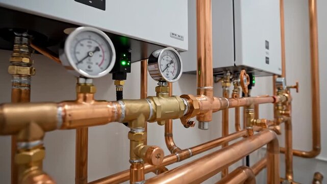 Close-up of copper plumbing with gauges in a modern industrial setting.