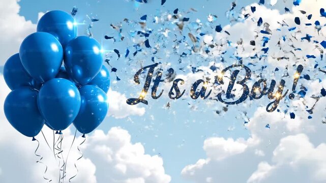 Baby Shower Celebration - A cluster of vibrant blue balloons float against a partly cloudy sky, with blue confetti falling from above.