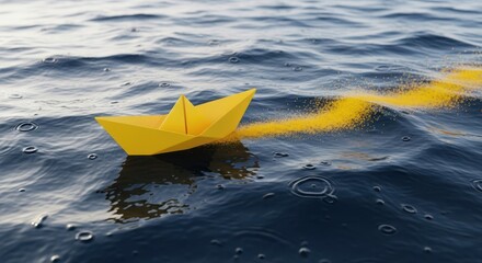 A yellow paper boat sails on dark blue water, leaving a bright yellow trail behind it