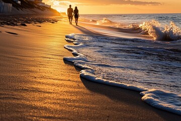 Romantic couple walking hand in hand along sandy beach at sunset with gentle waves and warm golden light creating peaceful and intimate atmosphere