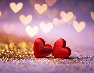 Obraz premium Romantic Twin Red Hearts on Sparkling Pink Glitter with Soft Golden Heart Bokeh and Dreamy Pink-Purple Gradient Background