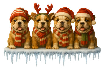 Cute Christmas Dog Breeds Collection &ndash; Holiday Puppy Set in Festive Winter Outfits,  Transparent background, English Bulldog
