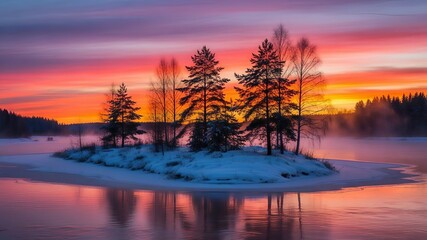 Vibrant Winter Sunset Over Frozen Lake Island with Pine and Birch Trees