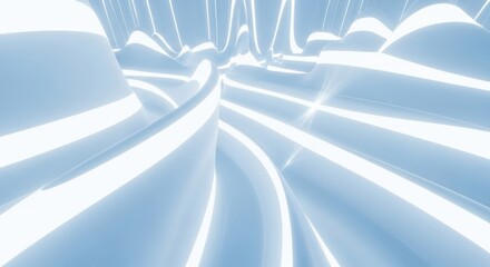 Abstract blue and white glowing wavy lines creating a futuristic tunnel or landscape