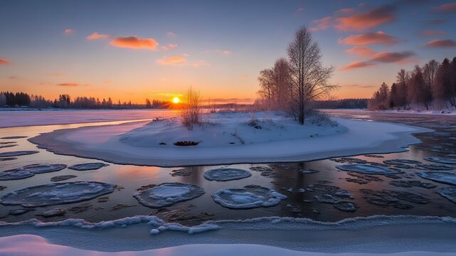 Fiery Sunset Over Mist-Covered Frozen River Island in Winter - Powered by Adobe