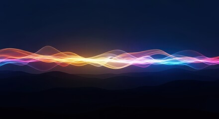 Abstract colorful sound wave visualization with glowing particles and dark background, representing digital audio or music