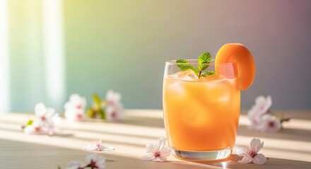 A glass of peach juice with ice and mint garnish on a table with flowers