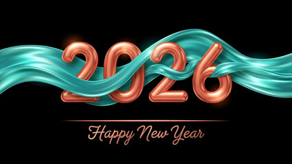 3d copper balloons 2026 happy new year greeting with flowing teal silk ribbon on black background