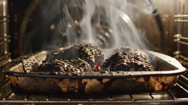 Burning Food Disaster in Oven - Severely burnt food sits in a metal baking pan inside an oven, with plumes of smoke rising and filling the oven's interior.