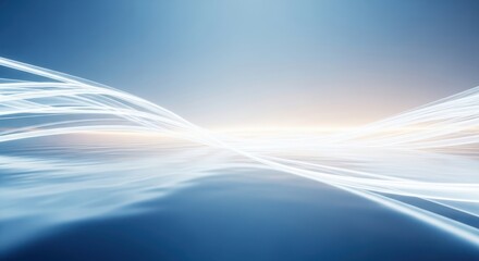 Abstract flowing light streaks in blue and white with a bright horizon, representing energy and motion