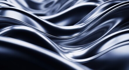 Abstract flowing metallic waves with a dark blue hue, creating a sense of depth and fluidity