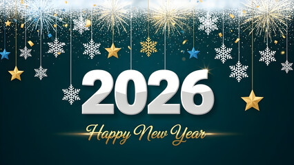 Happy new year 2026 greeting card with hanging snowflakes and stars on dark teal background