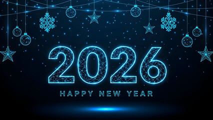 Happy new year 2026 greeting card with glowing digital particles and hanging ornaments on dark blue background