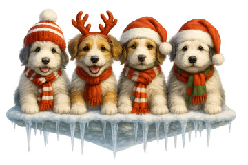 Cute Christmas Dog Breeds Collection &ndash; Holiday Puppy Set in Festive Winter Outfits,  Transparent background, Old English Sheepdog