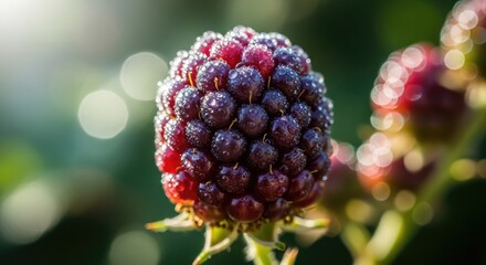 Close up of a dew covered blackberry against a blurred green background