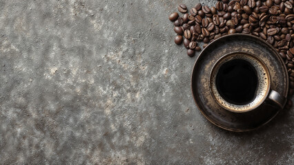Coffee cup and beans on old kitchen table