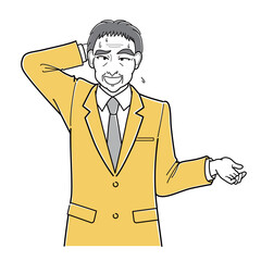 後ろ頭に手をあててしどろもどろ状態のスーツの中年男性・上半身（シンプル）