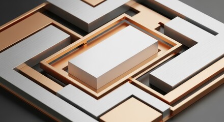 Abstract geometric pattern with metallic gold and silver frames and a white rectangular block in the center