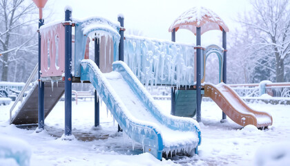 A playground abandoned in a crystal ice landscape, icicle covered slide shimmering with trapped snow