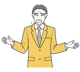 両手を広げながら困った様子で話をするスーツの中年男性・上半身（シンプル）