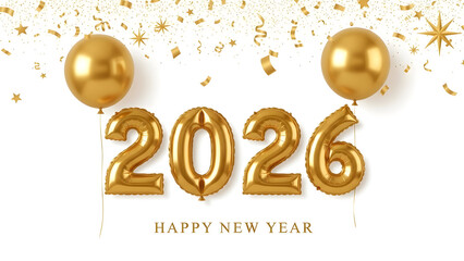 Golden foil balloons forming the year 2026 with falling confetti and stars, happy new year celebration concept isolated on white background