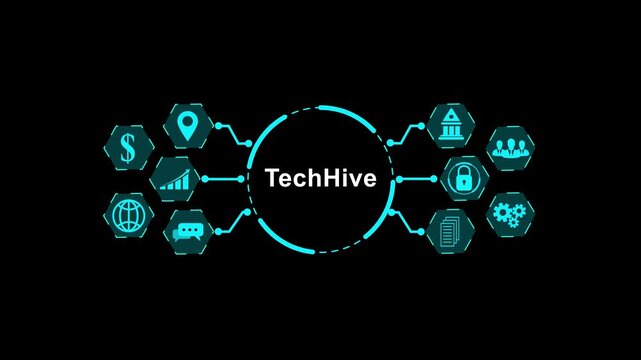 Digital Network of Hexagonal Icons Connecting to Central Text " Tech Hive" on Black Background technology.